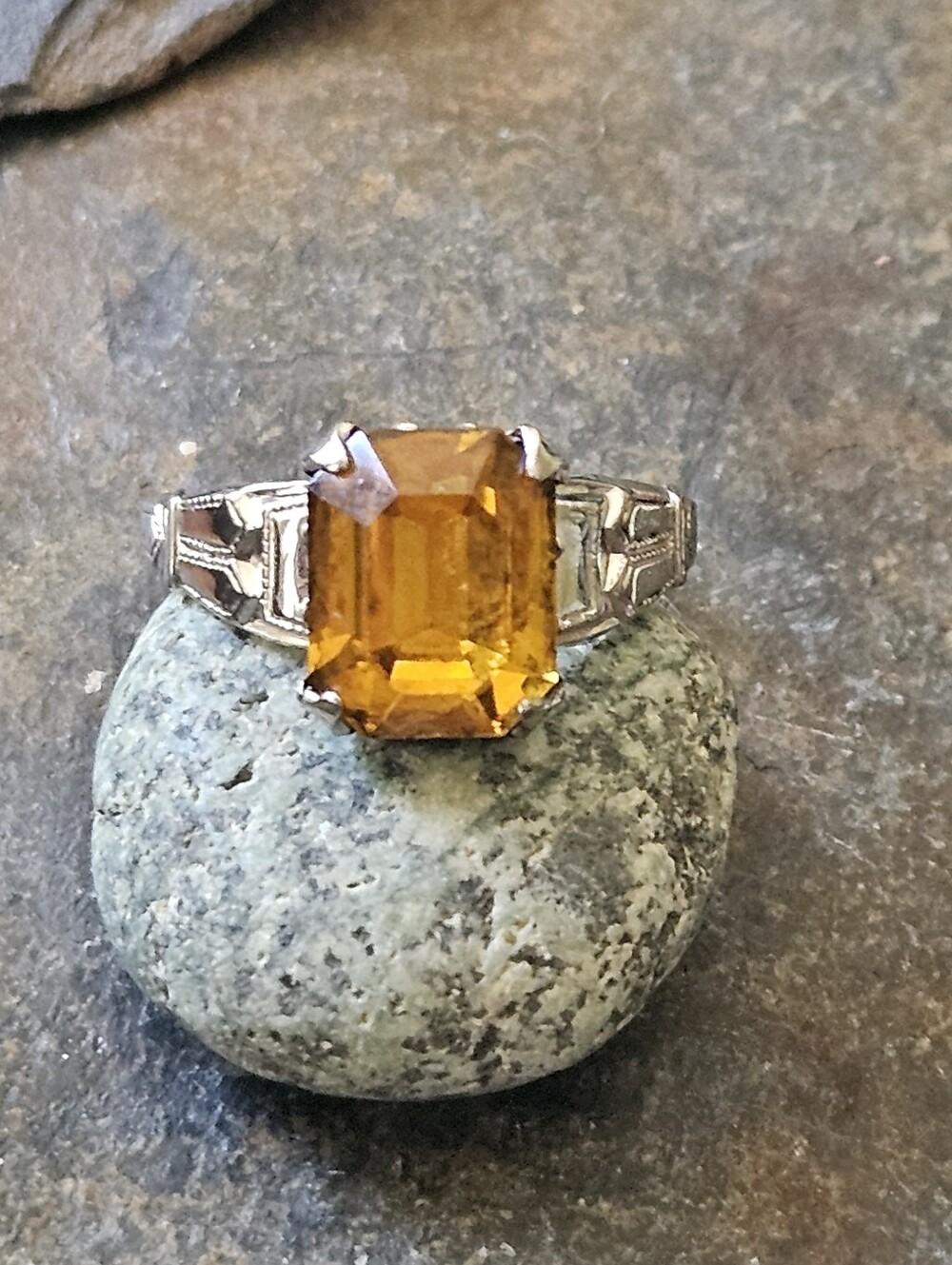Vintage 40s Citrine Emerald-Cut Glass Stone Ring